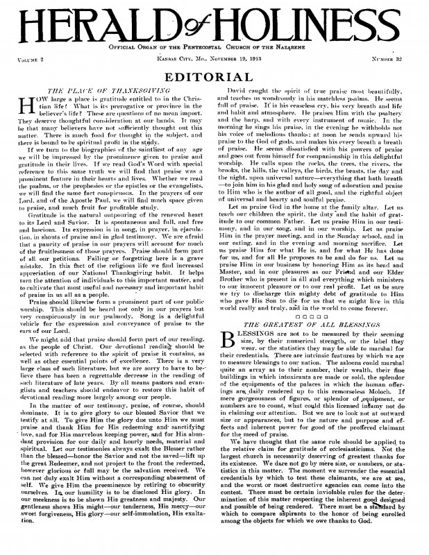 Title Page of Herald of Holiness - November 19, 1913