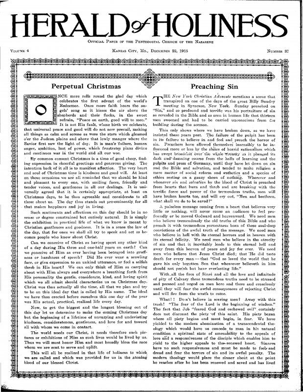 Title Page of Herald of Holiness - December 22, 1915