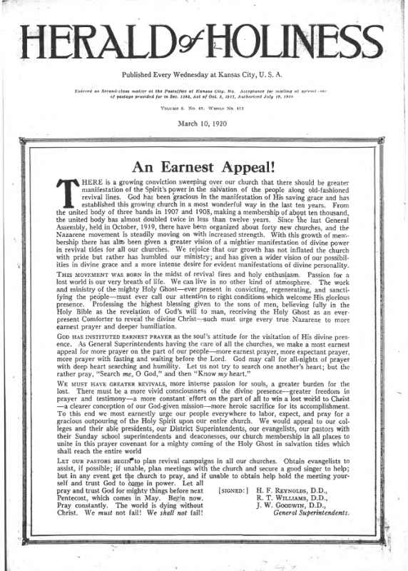 Title page of Herald of Holiness - March 10, 1920