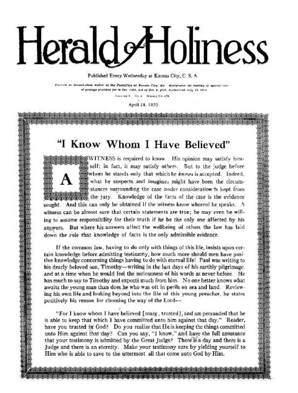 Title Page of Herald of Holiness - April 28, 1920