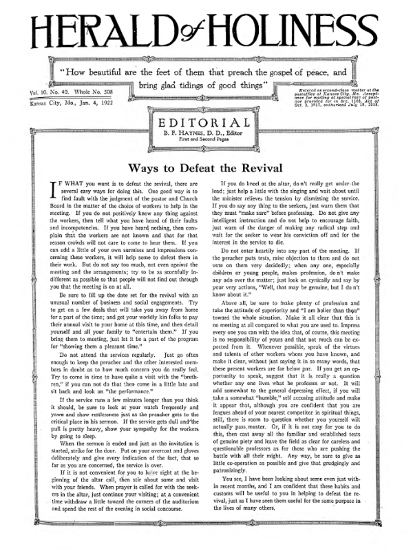 Front page of Herald of Holiness - January 4, 1922