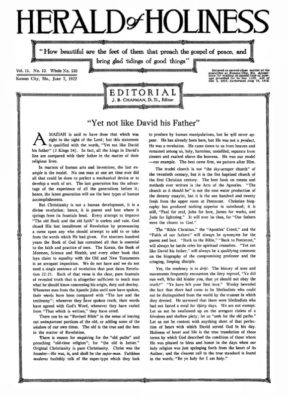 Front page of Herald of Holiness - June 7, 1922