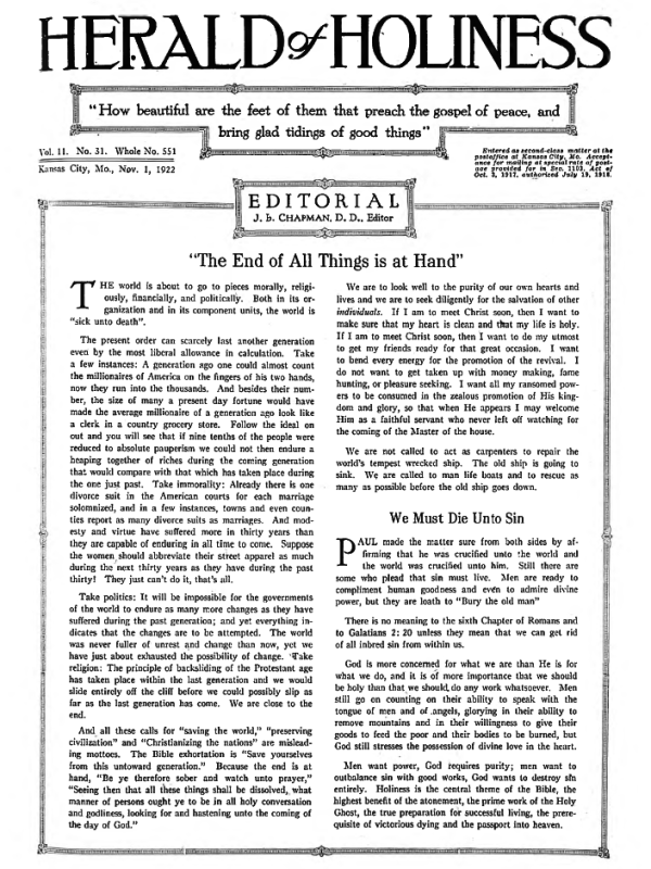 Front page of Herald of Holiness - November 1, 1922