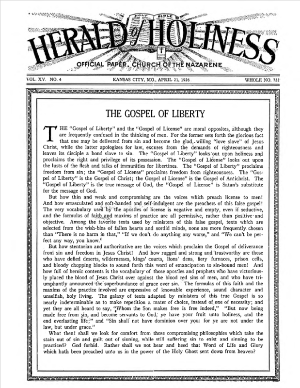 Front page of Herald of Holiness - April 21, 1926
