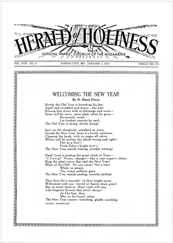 Front page of Herald of Holiness - January 2, 1929