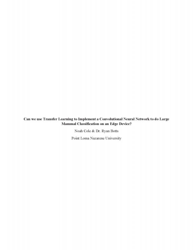 Can we use Transfer Learning to Implement a Convolutional Neural Network to do Large Mammal Classification on an Edge Device